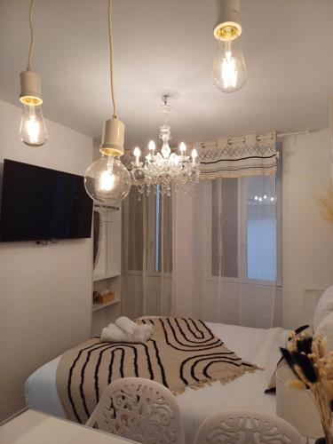 une chambre avec un lit et un lustre dans l'établissement *Cazotte Zola *, à Dijon