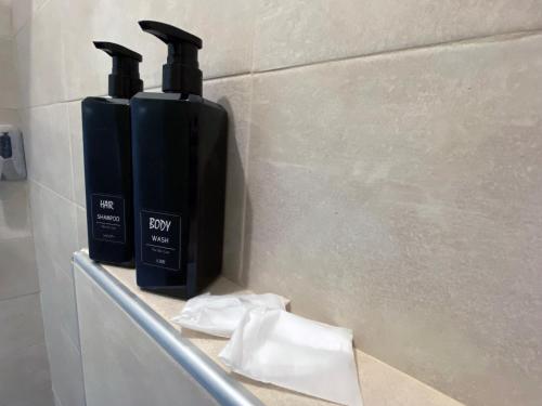 two bottles of soap on a counter in a bathroom at Appartamento Anna - Comfort e Stile in Centro Storico in Imola