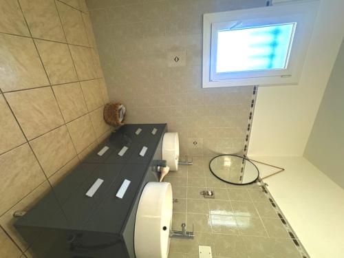 baño con aseo y mesa de cristal en Villa Camargue, en Marsillargues