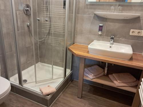 ein Bad mit einem Waschbecken und einer Dusche in der Unterkunft Hotel Garni Edelweiß in Siegsdorf