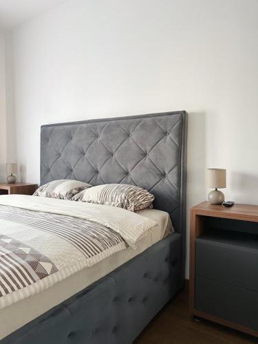 a bed with a silver headboard in a bedroom at Hill Homes Mal in Podgorica