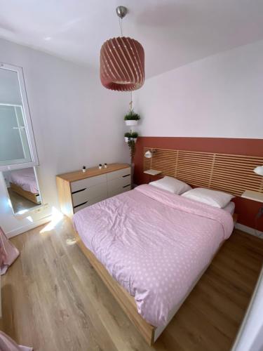 1 dormitorio con 1 cama grande con manta morada en Appartement charmant hypercentre, en Orléans