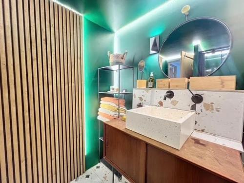 baño con lavabo y espejo en la encimera en Des vacances au Pontpadour !, en Entraigues-sur-la-Sorgue