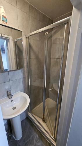 W łazience znajduje się prysznic i umywalka. w obiekcie Luxury Leytonstone Studio flat w Londynie