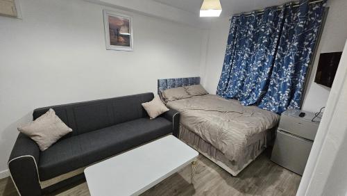 salon z kanapą i łóżkiem w obiekcie Luxury Leytonstone Studio flat w Londynie