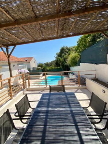 une terrasse avec une table, des bancs et une piscine dans l'établissement Villa Mi Baou, à La Seyne-sur-Mer