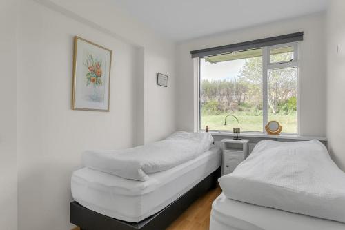 twee bedden in een kamer met een raam bij Good location and lovely apartment in Reykjavik in Reykjavík