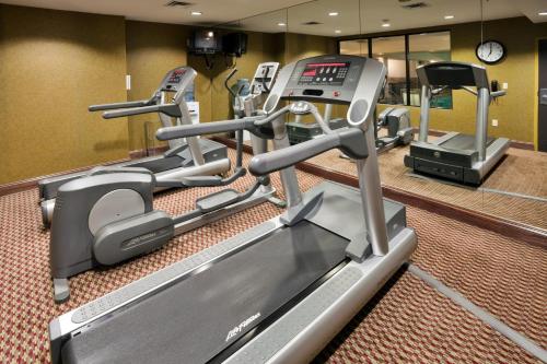 a gym with three tread machines and a mirror at Holiday Inn Express Hotel & Suites Birmingham - Inverness 280 by IHG in Birmingham
