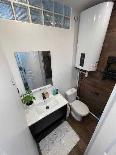 une salle de bain avec un lavabo blanc et des toilettes dans l'établissement Le petit Cocon Parisien, au Kremlin-Bicêtre