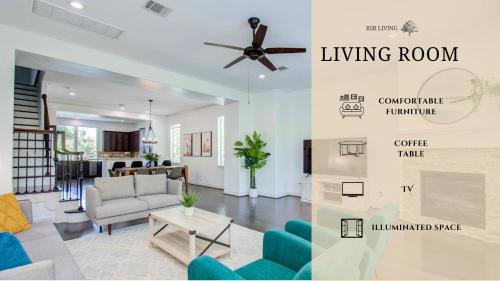 a living room with a couch and a ceiling fan at Elegant 3BR 3,5BA Holiday Home with Private Pool in Houston
