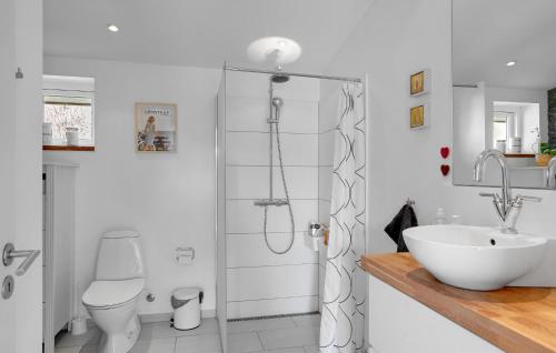 uma casa de banho com um chuveiro, um WC e um lavatório. em Amazing Home In Kge With Kitchen em Koege