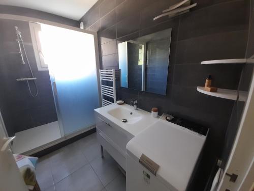 uma casa de banho com um lavatório branco e um espelho. em Appartement Arcachon, 2 pièces, 4 personnes - FR-1-319-510 em Arcachon