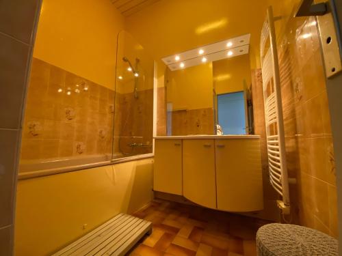 une salle de bain avec un lavabo, une douche et un miroir dans l'établissement T1 cabine centre-ville Arcachon avec parking - FR-1-319-467, à Arcachon