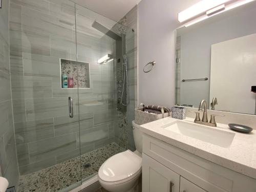 a bathroom with a shower and a toilet and a sink at Rachaels Upscale 3 Bedrooms Luxury Home in Fort Lauderdale