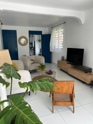 una sala de estar con un sofá y un televisor en Maison La Caféière, en Saint-Claude