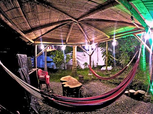 a hammock under an umbrella in a backyard at La cabaña in Pereira