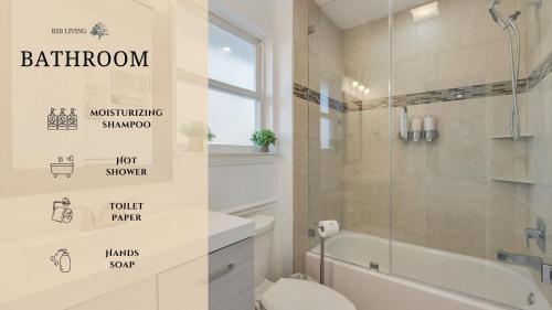 a bathroom with a shower and a toilet and a sink at Elegant 5BR 2,5BA Holiday Home with Pool, Jacuzzi, BBQ, and Cinema Room in Farmers Branch