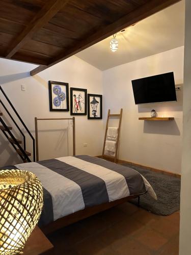 een slaapkamer met een bed en een flatscreen-tv bij AptoPardo1945 duplex con Jacuzzi in Mompos