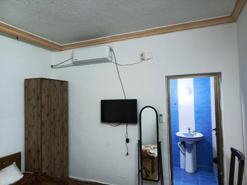 ジャラシュにあるJerash ruins hotelの洗面台と壁掛けテレビ付きの客室です。