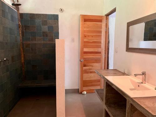 a bathroom with a shower and a sink and a mirror at Casa Kiwi Jungle Lodge in San Francisco