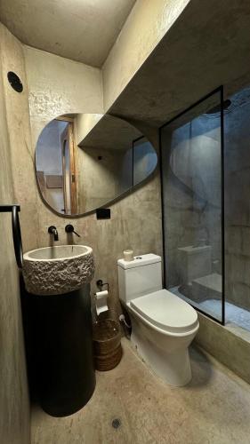 a bathroom with a toilet and a sink at DOWNTOWN DESIGN LOFT in Cusco