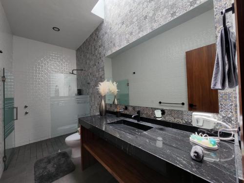 a bathroom with a sink and a toilet and a mirror at Suite en Tlaquepaque centro in Guadalajara