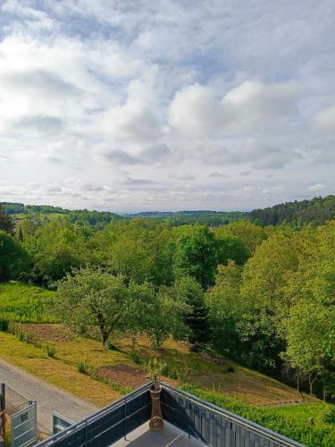 a balcony with a view of a field and trees at Noclegi u Ewusi 2 in Januszowice