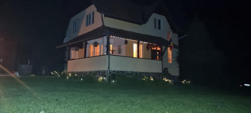 a house lit up at night with lights at OLD SHEPHERD Guest House in Râșca