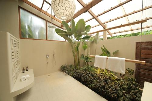 a bathroom with a toilet and plants in it at Schönhouse Villa Siargao in General Luna