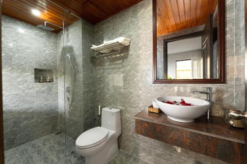 uma casa de banho com um lavatório, um WC e um espelho. em May Boutique Villa Hội An em Hoi An