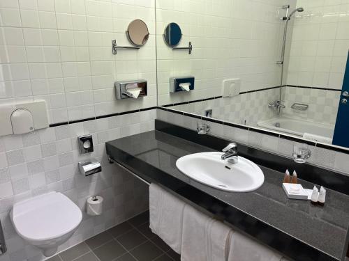a bathroom with a sink and a toilet and a mirror at BEST BALTIC Kaunas in Kaunas