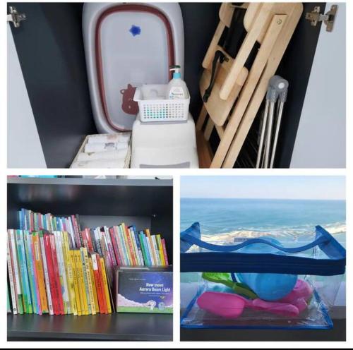 a collage of pictures of an airplane with books at The Gangneung Ocean Stay in Gangneung