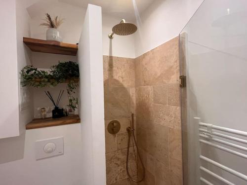 une salle de bain avec une douche avec une porte vitrée dans l'établissement Cosy - Magnifique vue sur parc Georges Brassens, à Paris