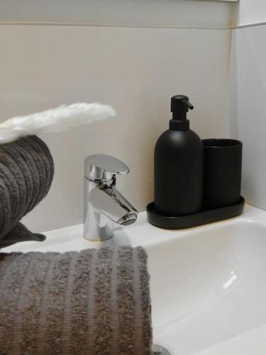 un distributeur de savon assis sur un lavabo dans la salle de bains dans l'établissement Le Blum Studio *Hyper-Centre* avec *CANAL PLUS*, à Amiens