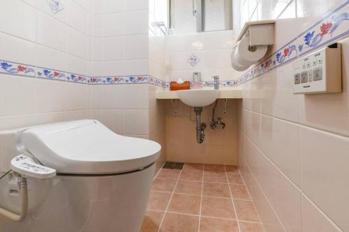 a small bathroom with a toilet and a sink at 恩納村飲食店の中心地ビーチまで徒歩3分最大12名貸切コーディアルステイ in Fuzuchi