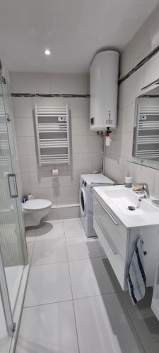 La salle de bains blanche est pourvue d'un lavabo et d'un lave-linge. dans l'établissement Studio plage de sable, à Antibes