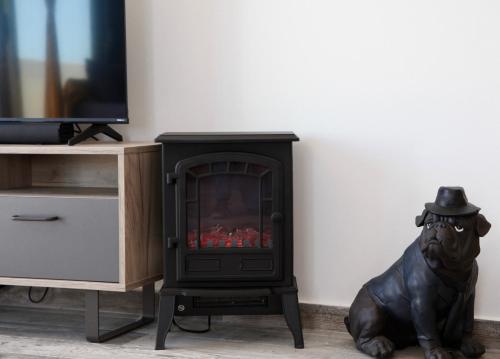 a stove in a room with a statue next to a tv at Lux Penthouse Apartment 3 bedrooms Quatre Bornes in Quatre Bornes