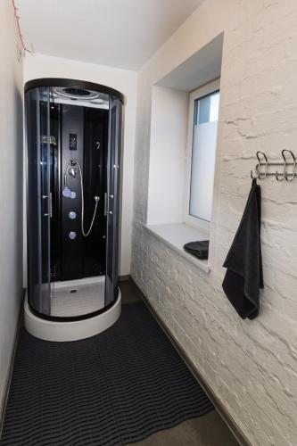 a bathroom with a walk in shower with a mirror at Ventspils jahtu osta, Ventspils Marina in Ventspils