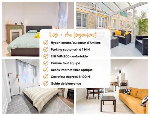 un collage de trois photos d'une chambre avec un lit dans l'établissement Le 3 cailloux / 2 Chambre *Hyper centre*, à Amiens