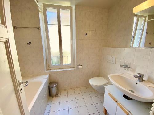 ein Badezimmer mit einem Waschbecken, einer Badewanne und einem WC in der Unterkunft Very nice apartment close to the lake in Lausanne