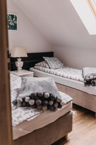 two twin beds in a room with a mirror at Dzikowiejsko in Bardo