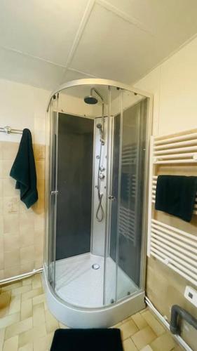 La salle de bains est pourvue d'une cabine de douche en verre. dans l'établissement Charmant studio Mistral - Acenseur - Centre-ville, à Digne-Les-Bains