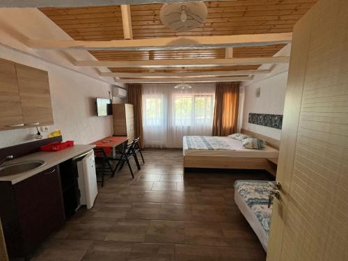 a room with a bed and a kitchen with a sink at Camere de inchiriat David in Eforie Nord