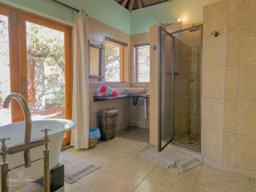 a bathroom with a shower and a sink at Hornbill House @ Zebula in Mabula