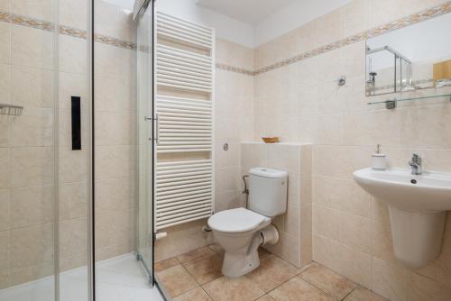uma casa de banho com um WC, um lavatório e um chuveiro em Marina Labe em Píšťany