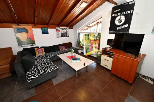 ein Wohnzimmer mit einem Sofa und einem TV in der Unterkunft Blue Lake hostel in Ohrid