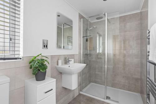 biała łazienka z umywalką i prysznicem w obiekcie Snowdrop Lodge, 9 Roadford Lake Lodges w mieście Lifton