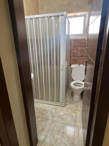 a bathroom with a toilet and a glass shower door at منتجع وفندق جدارا Jadara Resort & Hotel in Um Qeis