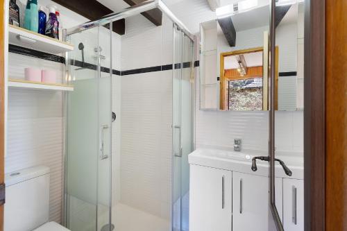 een badkamer met een douche, een wastafel en een toilet bij Petit chalet à Pyrénées 2000 in Font-Romeu