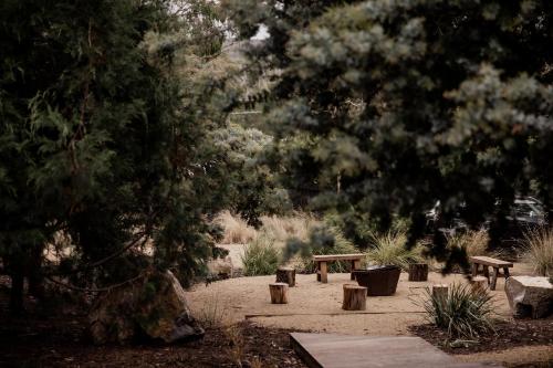 a group of benches in a park with trees at 'Sisters' - Cliff top cabin with hot tub in Spring Beach